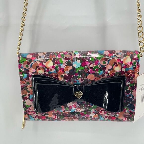 Betsey Johnson Womens Clutch Sling Bag Multicolor Gold Chain Bowknot Adjustable - Picture 13 of 15